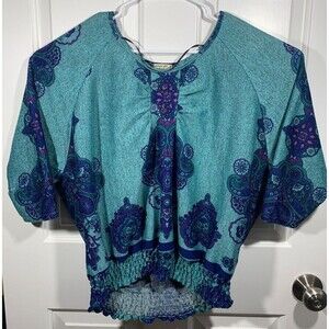 Women's energe World Wear Large (L) Blue Colorful Paisley Cinched Waist Blouse